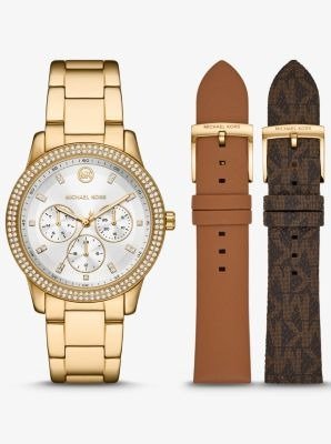 Oversized Tibby Pave Gold-Tone Watch and Strap Set