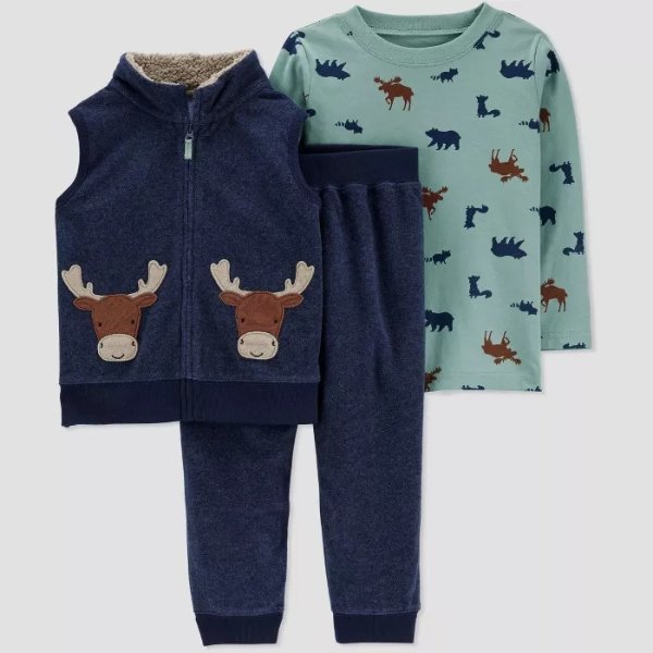 Toddler Boys' 3pc Moose Vest Top & Bottom Set 