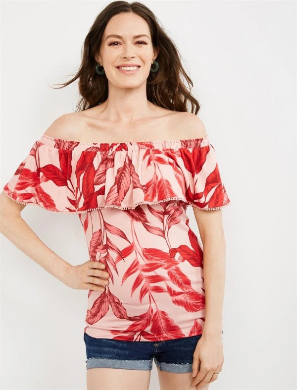 Off the Shoulder Palm Floral Maternity Top