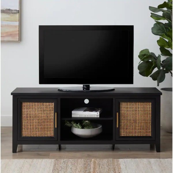 Bridget 60 in. Quick Assembly Black Wood TV Stand with Natural Cane-Doors Fits TV's up to 65 in. With Cable Management