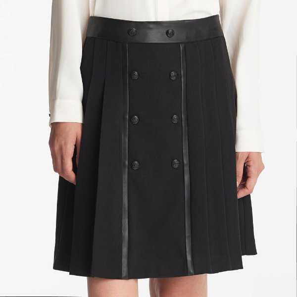 PLEATED FAUX LEATHER TRIM SKIRT