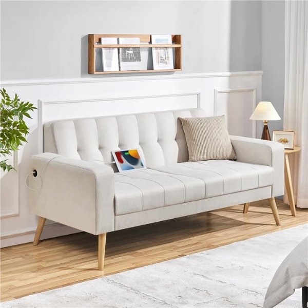 65''W Modern Polyester Loveseat Sofa with USB Charging Ports,Beige