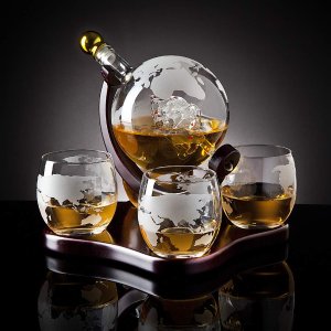 Godinger Whiskey Decanter Globe Set with 4 Etched Globe Whisky Glasses