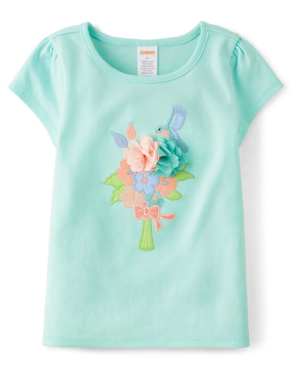 Girls Embroidered Bouquet Top - Signs of Spring - blue coral