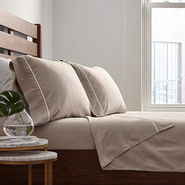 Contrast Hem Breathable Cotton Linen Bed Sheet Set, California King, Mushroom / White