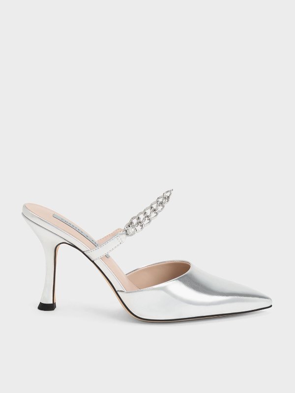 Silver Chain-Link Strap Heeled Mules | CHARLES & KEITH