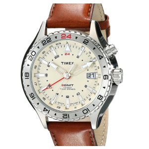 Timex Men&#39;s T2P426DH Intelligent Quartz 3-GMT Stainless Steel Watch with Brown Leather Band