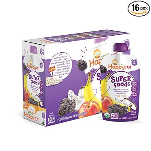 Happy Tot Organic Stage 4 Super Foods Bananas Peaches Prunes & Coconut + Super Chia, 4.22 Ounce Pouch (Pack of 16) Toddler Snack, Non-GMO Gluten Free 3g of Fiber Excellent Source of Vitamins A & C