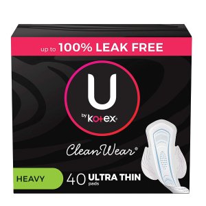 U by Kotex CleanWear Ultra Thin Feminine Pads with Wings, Heavy Absorbency, 40 Count
