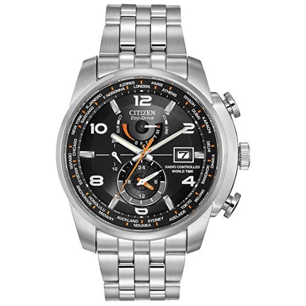 Men's Eco-Drive Silvertone And Black World Time A-T Watch