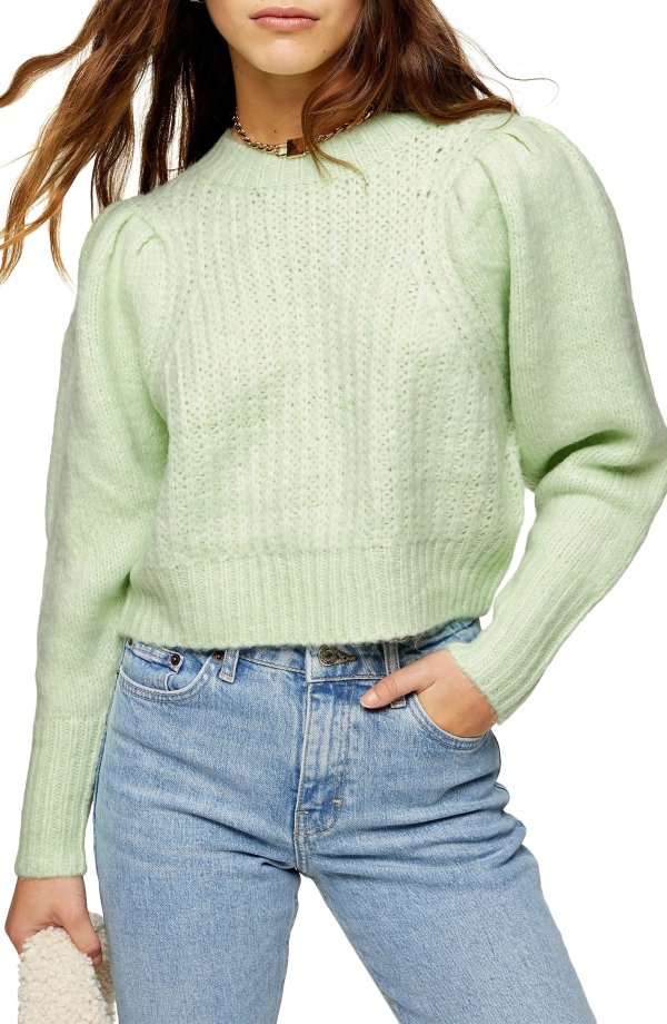 Pleated Sleeve Crop Sweater