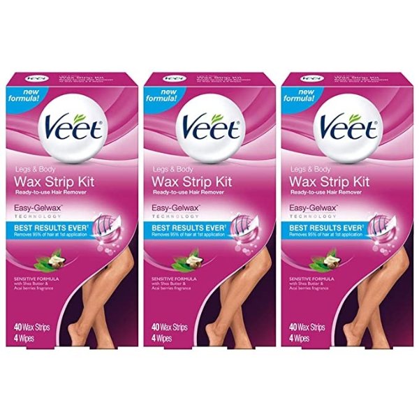 Hair Removal Wax Strips- VEET Easy- Gelwax Technology, Sensitive Formula Ready-to-Use Hair Remover Wax Strip Kit with Shea Butter, 40 wax strips with 4 wipes (Pack of 3)