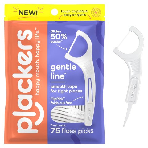 Plackers Gentle Line Floss Picks, Fresh Mint Flavor, Fold-Out FlipPick, QuickFix Grip, Easy Storage with Sure-Zip Seal, 75 Count