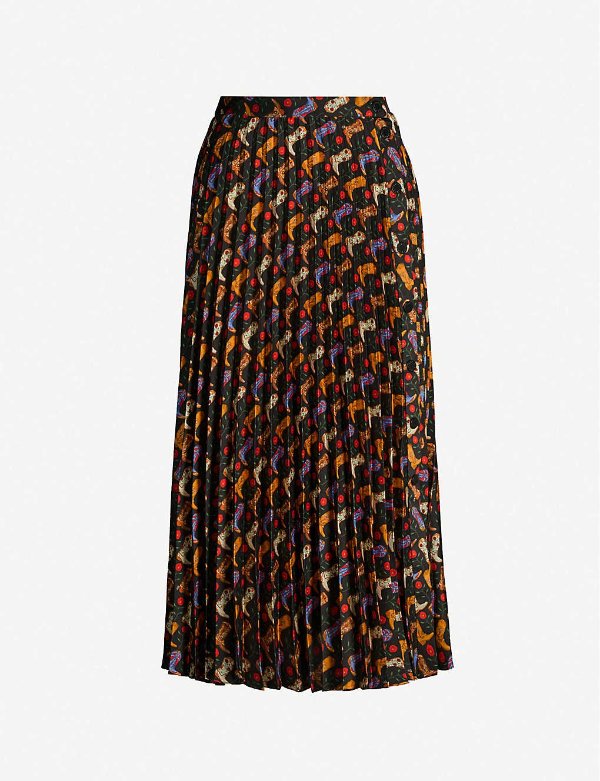 Abstract-print pleated high-waisted crepe midi skirt