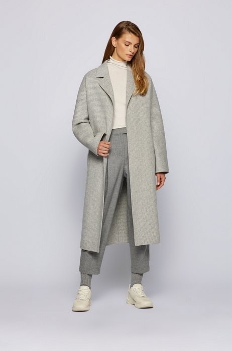 Belted coat in a patterned wool blend Tonal leather trainers with debossed branding by boss Relaxed-fit trousers with front pleats and cropped length by boss