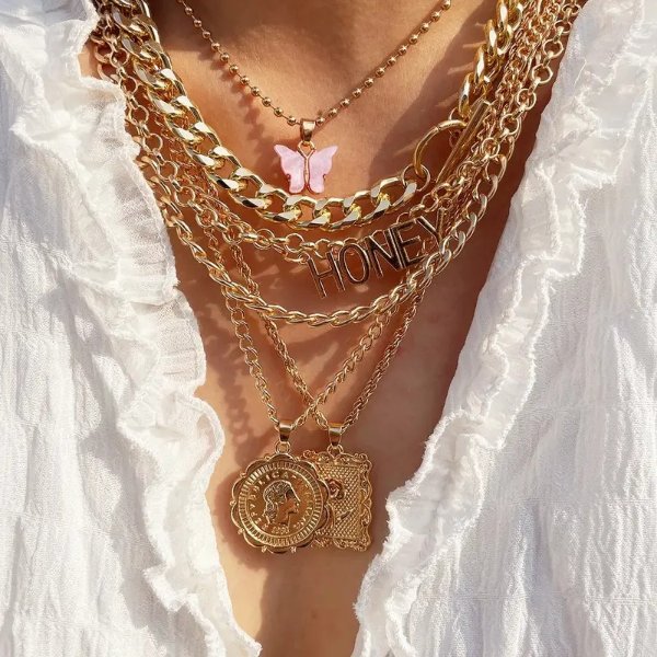 Temu 7 Pieces Ladies Vintage Fashion Metal Pendant Necklace Set