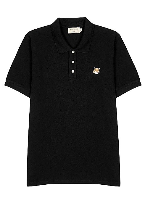 Black pique cotton polo shirt