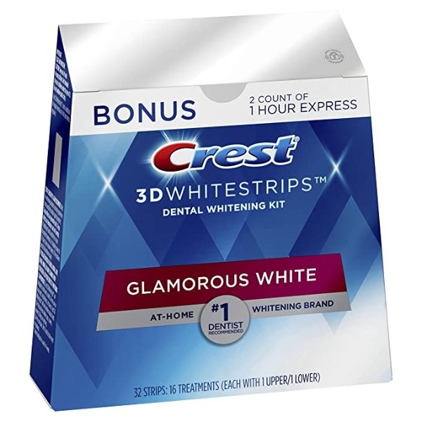 3D Whitestrips Glamorous White, Teeth Whitening Kit, 16 Treatments (32 Individual Strips) + 2 Bonus 1-Hour Express Treatments