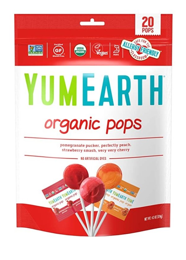 Organic Lollipops, Assorted Flavors, 4.3 Ounce, 20 Lollipops - Allergy Friendly, Non GMO, Gluten Free, Vegan, (Packaging May Vary)