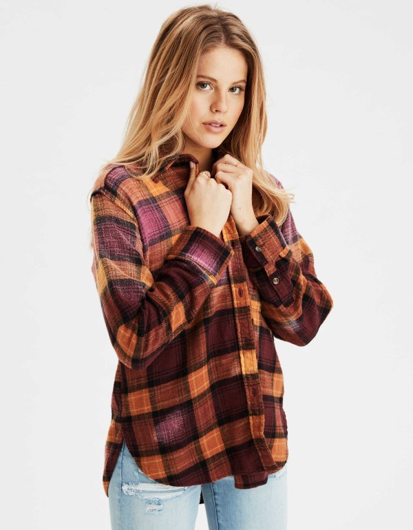 AE Oversized Bleached Plaid Button Up Shirt