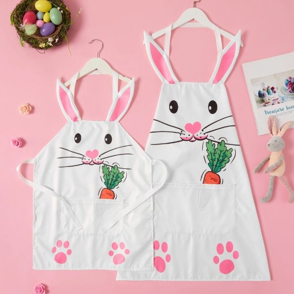 Easter Series Rabbit Print Aprons with Front Pockets for Mommy and Me
