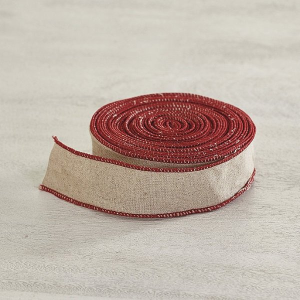 Natural Linen Gift Ribbon with Cranberry Wire Edge