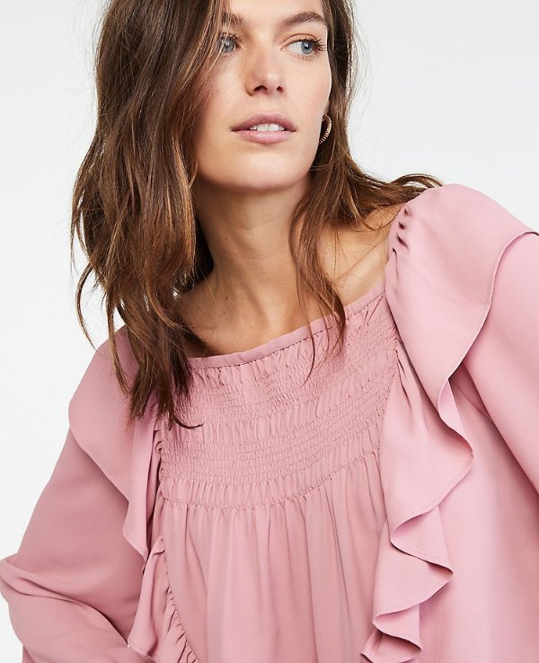 Smocked Ruffle Square Neck Top | Ann Taylor