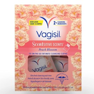 Vagisil Scentsitive Scents On-The-Go Feminine Cleansing Wipes, pH Balanced, Peach Blossom, Individually Wrapped, 16 Count (Pack of 1)