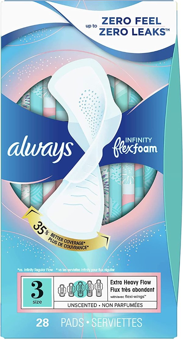Infinity FlexFoam Pads for Women, Size 3 Extra Heavy Flow Absorbency, with Wings Unscented, 28 Count (Pack of 3, Total 84 Count)