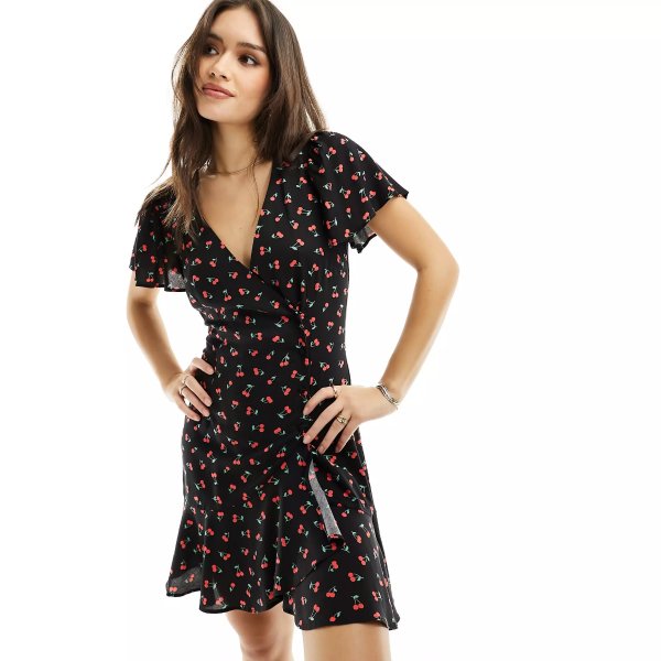 wrap mini tea dress with buttons in cherry print