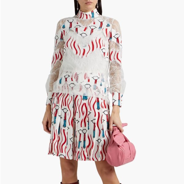Pleated printed chantilly lace-paneled crepe dress