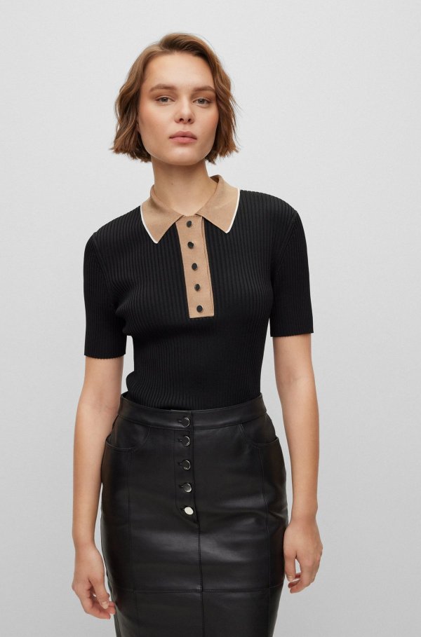 Slim-fit ribbed top with press-stud placket Nappa-leather regular-fit jacket with removable sleeves by BOSS Lamb-leather pencil skirt bonded with denim by BOSS
