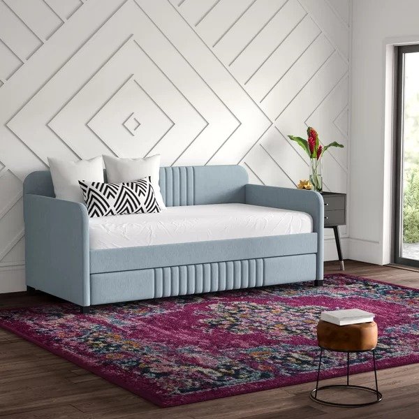 Aaru Upholstered Twin Daybed with TrundleAaru Upholstered Twin Daybed with TrundleRatings & ReviewsCustomer PhotosQuestions & AnswersShipping & ReturnsMore to Explore