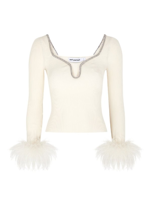 SELF-PORTRAIT New Season Feather-trimmed ribbed-knit top