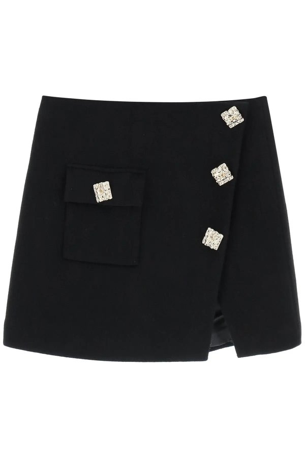wool mini wrap skirt with embossed buttons