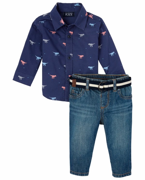 Baby Boys Long Sleeve Dino Poplin Button Down Shirt And Jeans Outfit Set