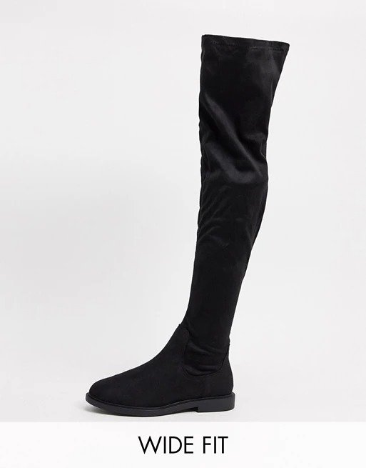 Wide Fit Kennedy flat knee boots in black 