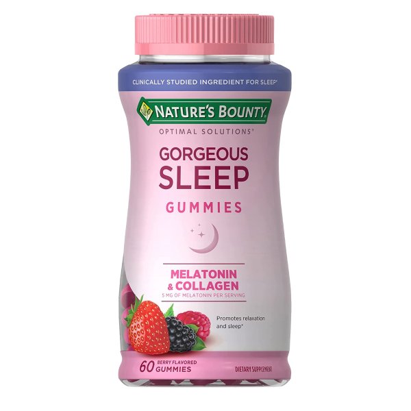 Optimal Solutions Gorgeous Sleep Melatonin 5mg Gummies with Collagen, Assorted Fruit Flavors, 60 Count