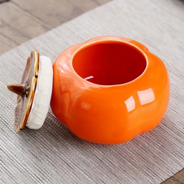 1pc Ceramic Persimmon Tea Jar, Small Ceramic Sealed Ashtray, Dual-Purpose Wedding Candy Jar, For Home Restaurant Hotel Office, Tea Accessories, Table Ornaments, Wedding Souvenirs, Spring Festival Gifts