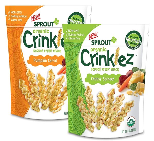 Organic Crinklez Toddler Snack Variety Pack, 1.5 Ounce Bags (8 Count) 4 Bags of Each Flavor: Pumpkin Carrot, Cheesy Spinach