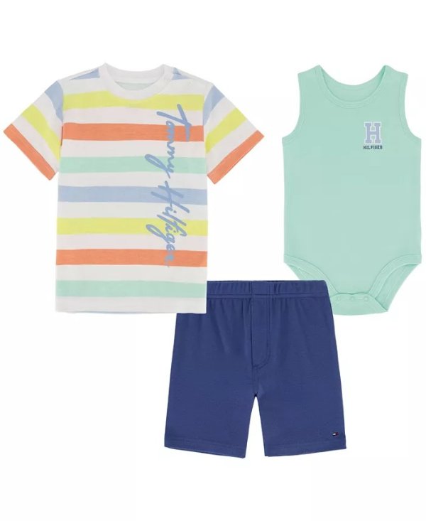 Baby Boys Stripe Shirt, Bodysuit and Short, 3 Piece Set