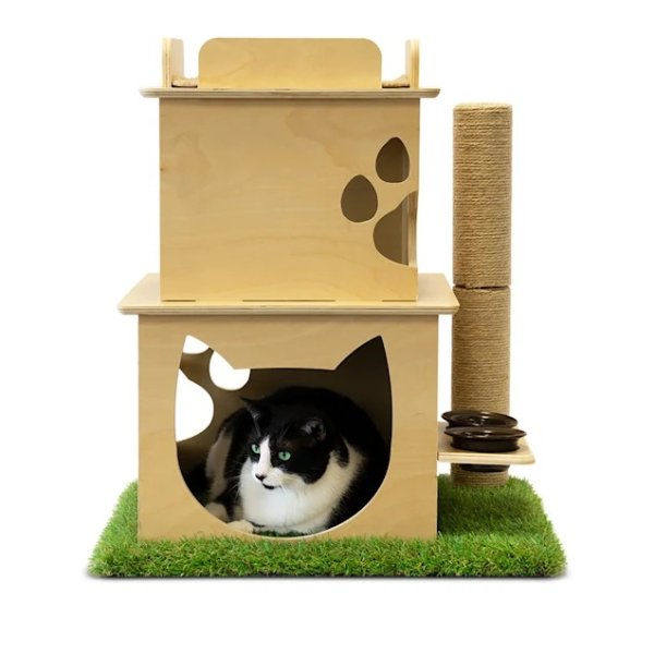 Indoor Two-Story Wooden Cat Loft with Scratching Post & Feeder Station, 19" L X 23" W X 27" H | Petco