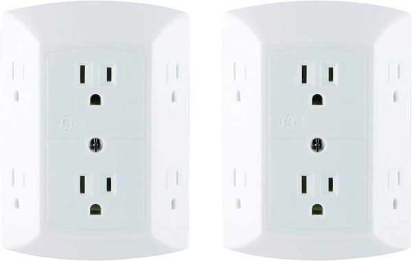 2 Pack, Extra Wide Spaced Cell Phone, 3 Prong, Multi Charr, Quick & Easy Install, White, 40222 6 Outlet Wall Plug Adapter Power Strip, 2 Count
