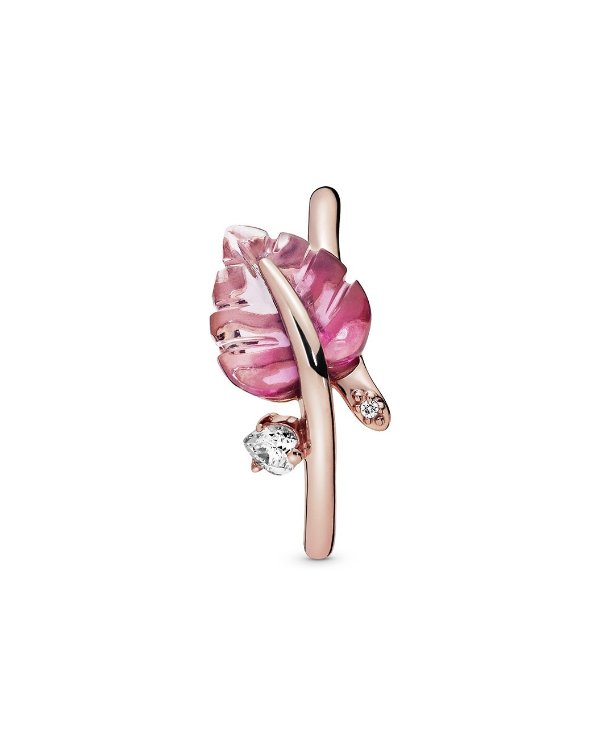 Rose 14K Rose Gold Plated Pink Murano Glass CZ Leaf Ring