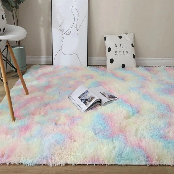 Rainbow Colors Long Hair Tie Dyeing Carpet Bay Window Bedside Mat Soft Area Rugs Shaggy Blanket Gradient Color Living Room Rug