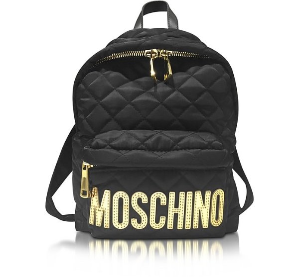 Black Quilted Nylon Small Backpack w/Golden Logo