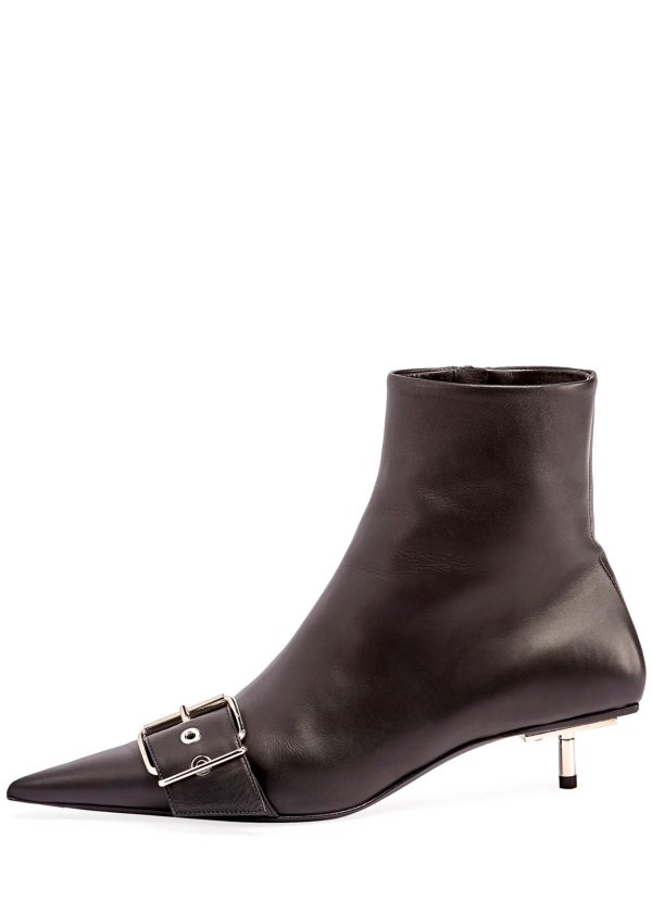 Belted Low-Heel Leather Booties