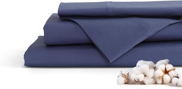 100% Cotton Percale Sheets Queen Size, Dark Blue, Deep Pocket, 4 Pieces Sheet Set - 1 Flat, 1 Deep Pocket Fitted Sheet and 2 Pillowcases, Crisp Cool and Strong Bed Linen