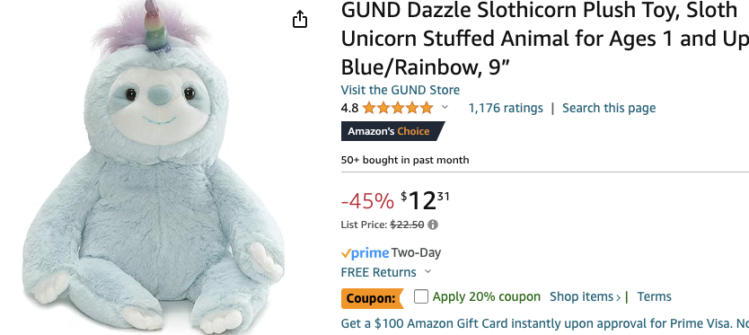 Amazon.com: GUND Dazzle Slothicorn Plush Toy,部分额外8折