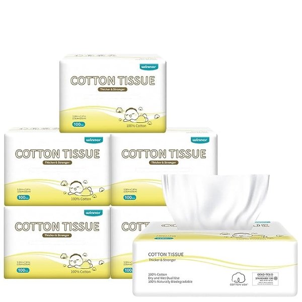 Facial Cotton Tissue, Soft Baby Dry Wipe, Wet and Dry Use, Made of Pure Cotton, 600 Count Unscented Disposable Tissues for Baby Sensitive Skin